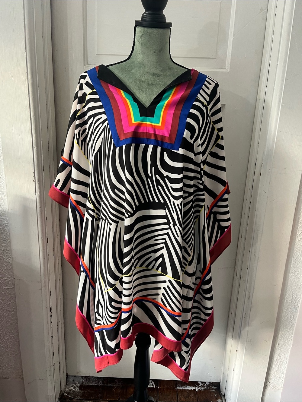 Trina Turk Black & White Zebra Print coverup with Rainbow Trim